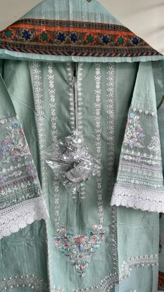 Pakistani Original Ameer & Sons Luxury Cotton Stitched 3Pcs_ Mint